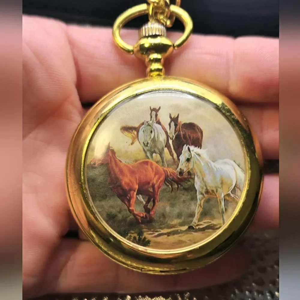 Vintage Gold horses pocket watch with chain